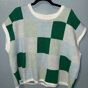 SHEIN Green & White Checker Knit Sweater Vest